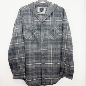 Burnside Men’s Charcoal Plaid Hoodie Long Sleeve Button Down Size Medium NWT